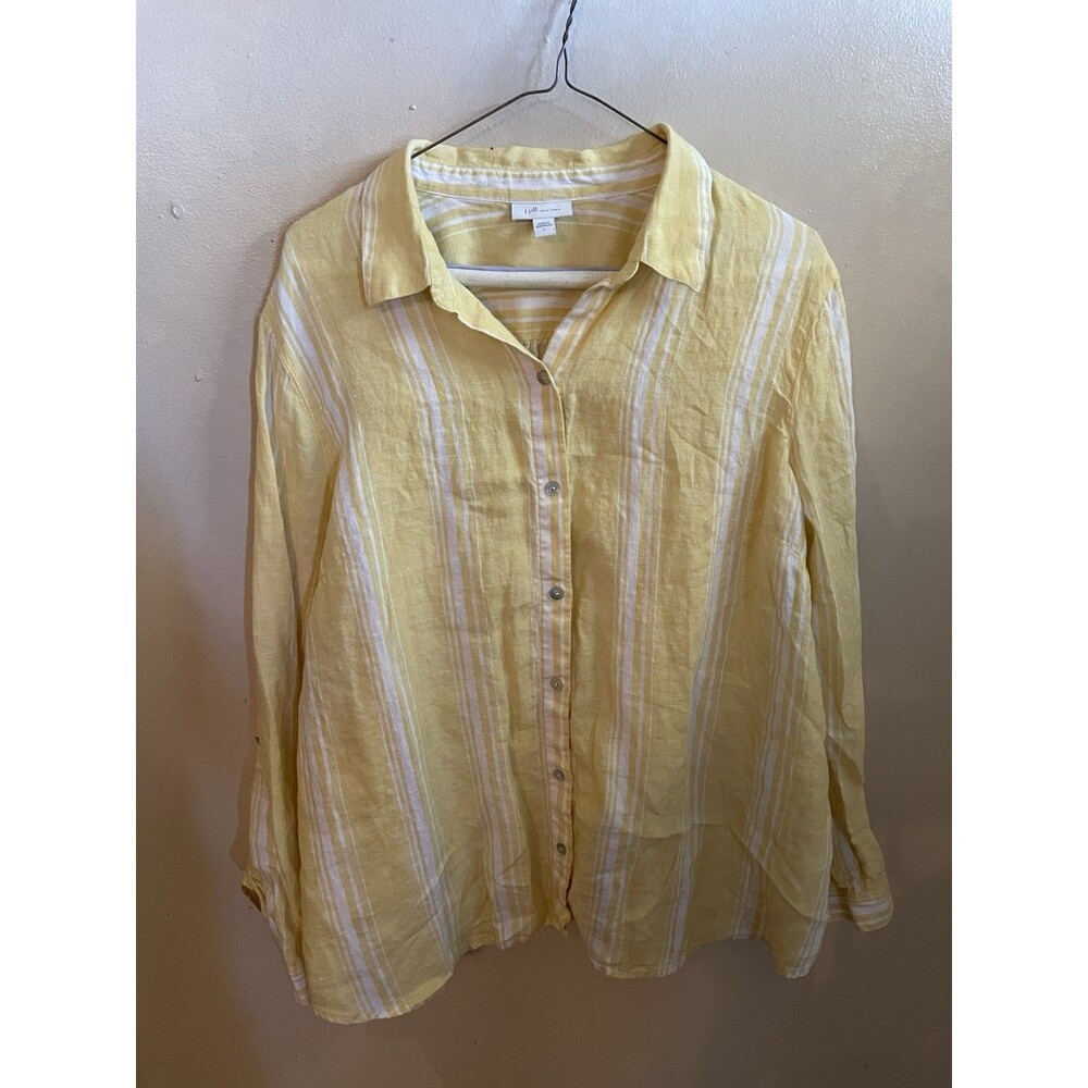 J Jill Love Linen Womens L Yellow White Stripe Button Up Shirt Roll Tab